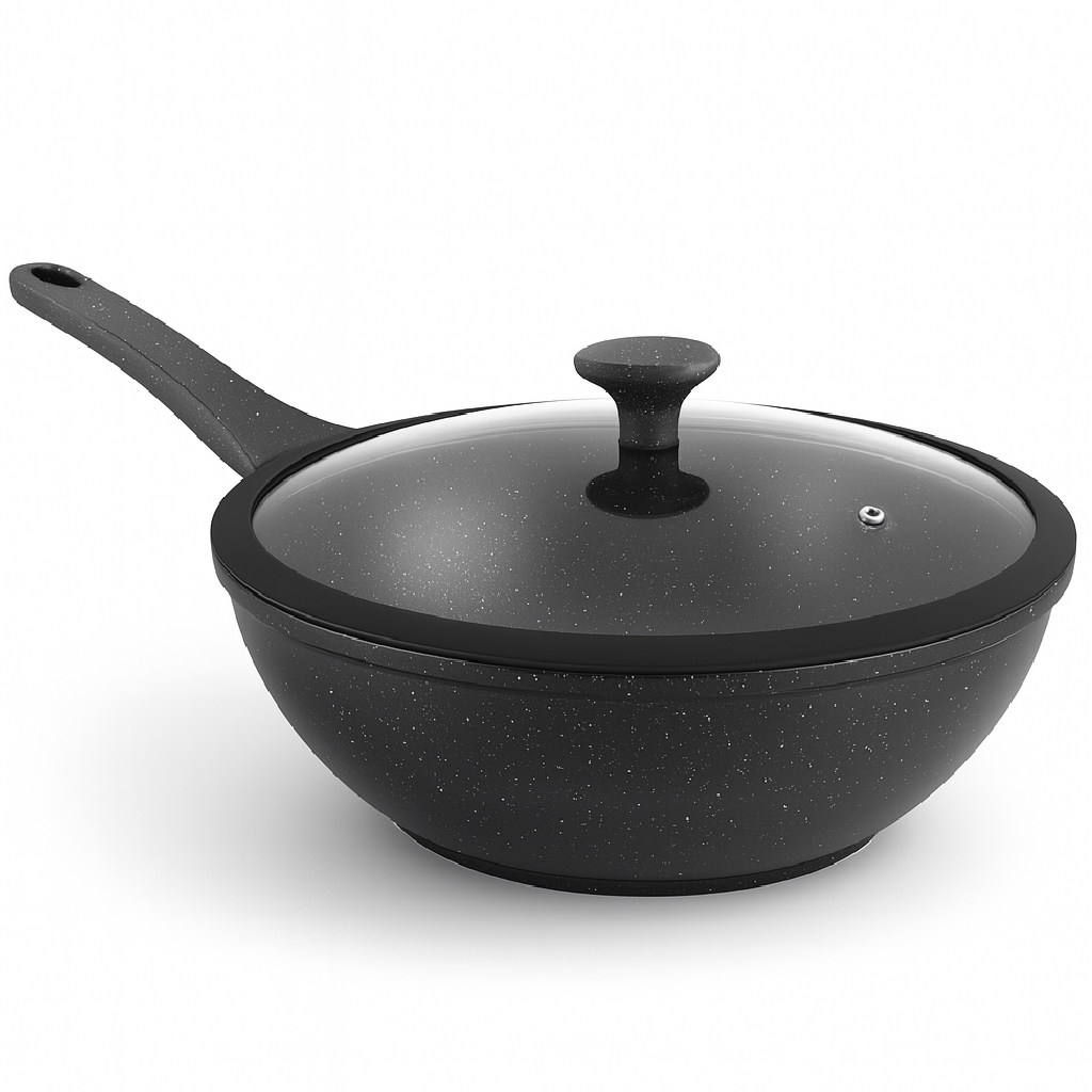 Padella Wok Antiaderente 30cm Alluminio Pietra con Coperchio Vetro Induzione Nero