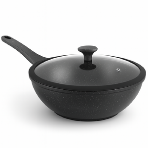 Padella Wok Antiaderente 30cm Alluminio Pietra con Coperchio Vetro Induzione Nero