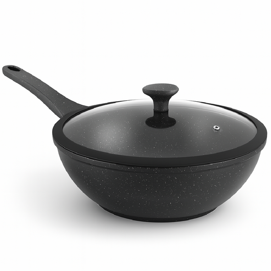 Padella Wok Antiaderente 30cm Alluminio Pietra con Coperchio Vetro Induzione Nero