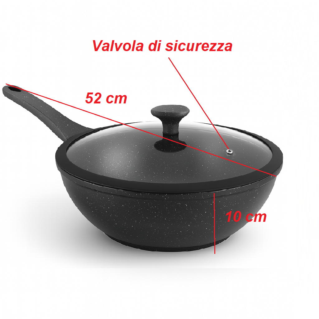 Padella Wok Antiaderente 30cm Alluminio Pietra con Coperchio Vetro Induzione Nero
