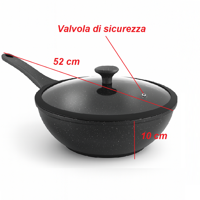 Padella Wok Antiaderente 30cm Alluminio Pietra con Coperchio Vetro Induzione Nero