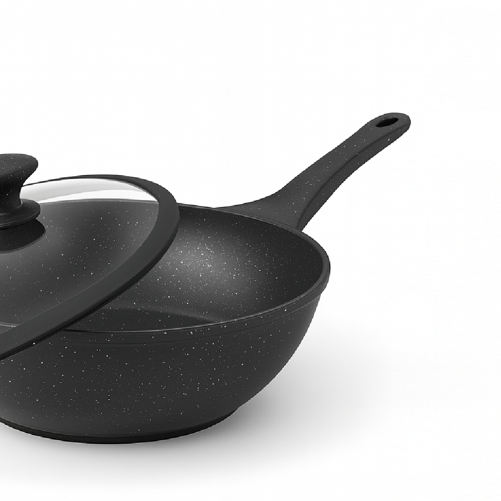 Padella Wok Antiaderente 30cm Alluminio Pietra con Coperchio Vetro Induzione Nero