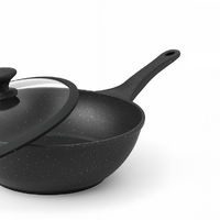 Padella Wok Antiaderente 30cm Alluminio Pietra con Coperchio Vetro Induzione Nero