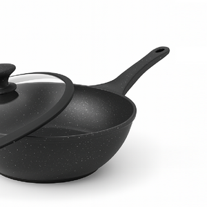 Padella Wok Antiaderente 30cm Alluminio Pietra con Coperchio Vetro Induzione Nero