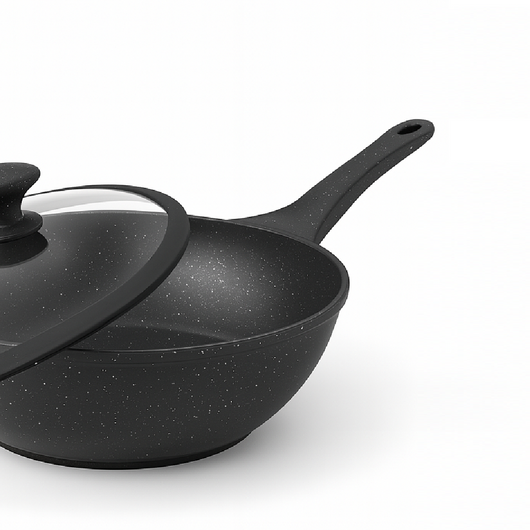 Padella Wok Antiaderente 30cm Alluminio Pietra con Coperchio Vetro Induzione Nero