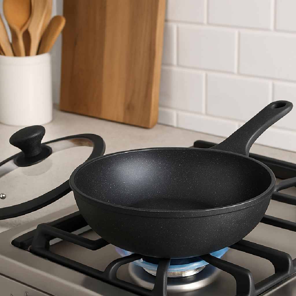 Padella Wok Antiaderente 30cm Alluminio Pietra con Coperchio Vetro Induzione Nero