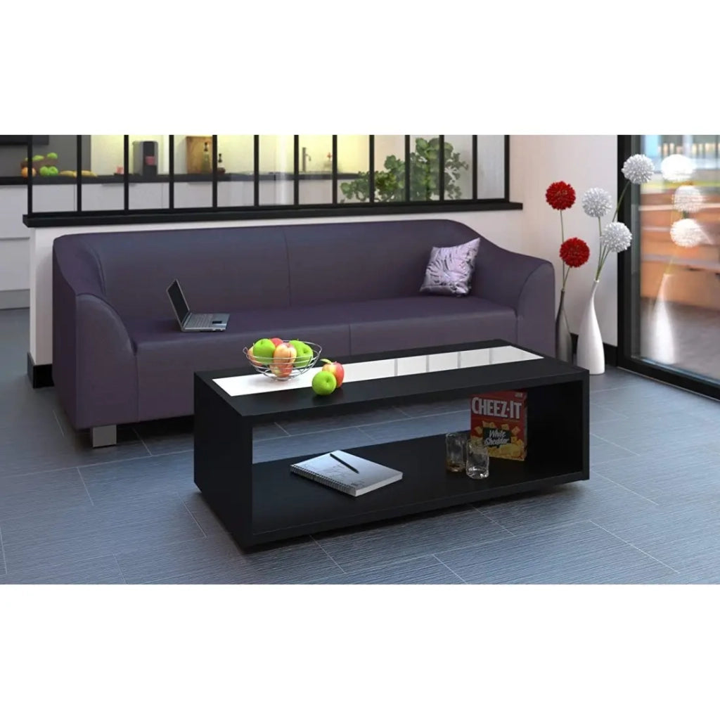 Tavolino basso DANN nero con fascia bianca lucida - 116 x 51 x 34 cm
