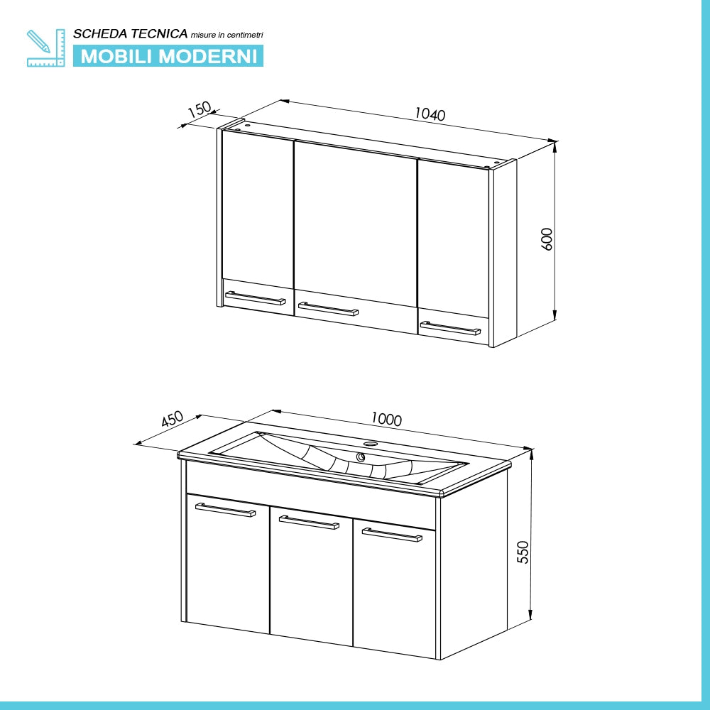 Mobile bagno sospeso 100 cm grigio effetto legno con armadietto a specchio Sofia