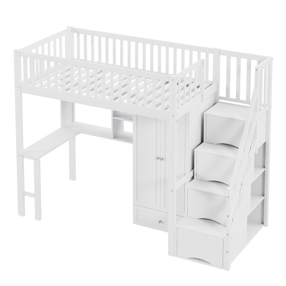 Letto a Soppalco Multifunzione – Xylo – 90x200cm, Legno Bianco, Grande Armadio, Scaffale, Tavolo, Scala, Ripostiglio
