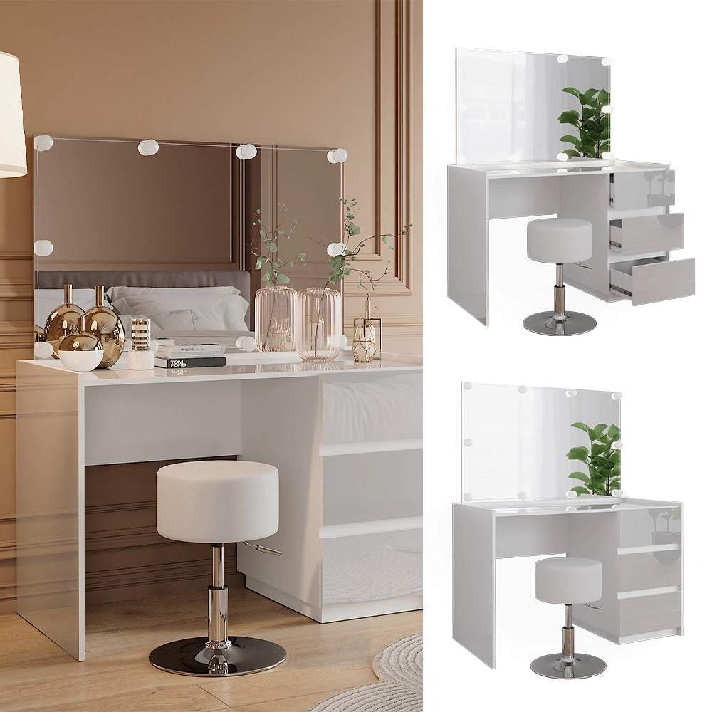 Vicco Tavolo da toilette Bianco lucido 120 cm con specchio, sgabello, luci fiabesche a LED
