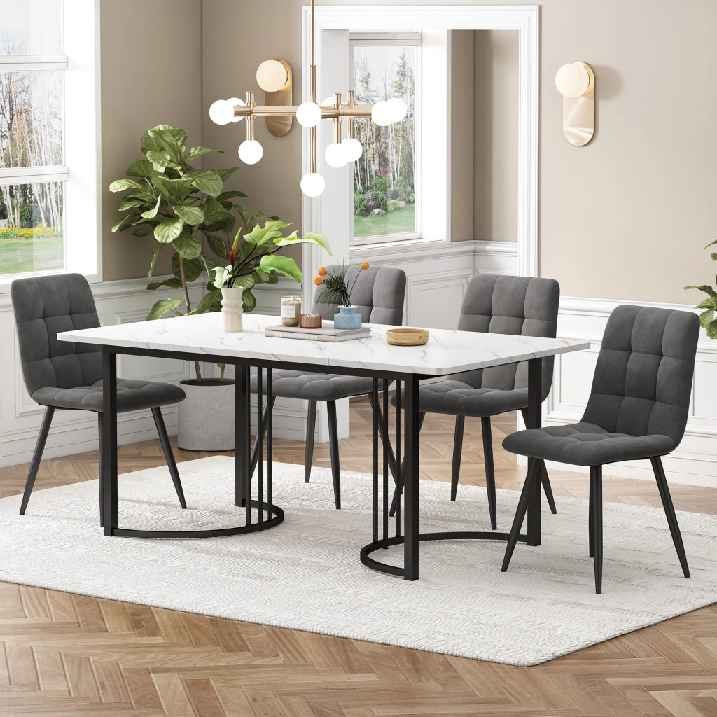 Set tavolo e 4 sedie 140x80 cm in MDF bianco e metallo nero, 5 pezzi