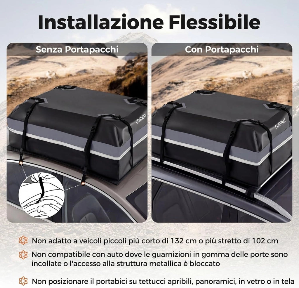 Borsa da Tetto per Auto, Box Portapacchi con Impermeabile e Alta Adattabilità, Baule con Tappetino Antiscivolo, Striscie Riflettenti, Lucchetto e 8 Corde di Fissaggio (450 L,Grigio)