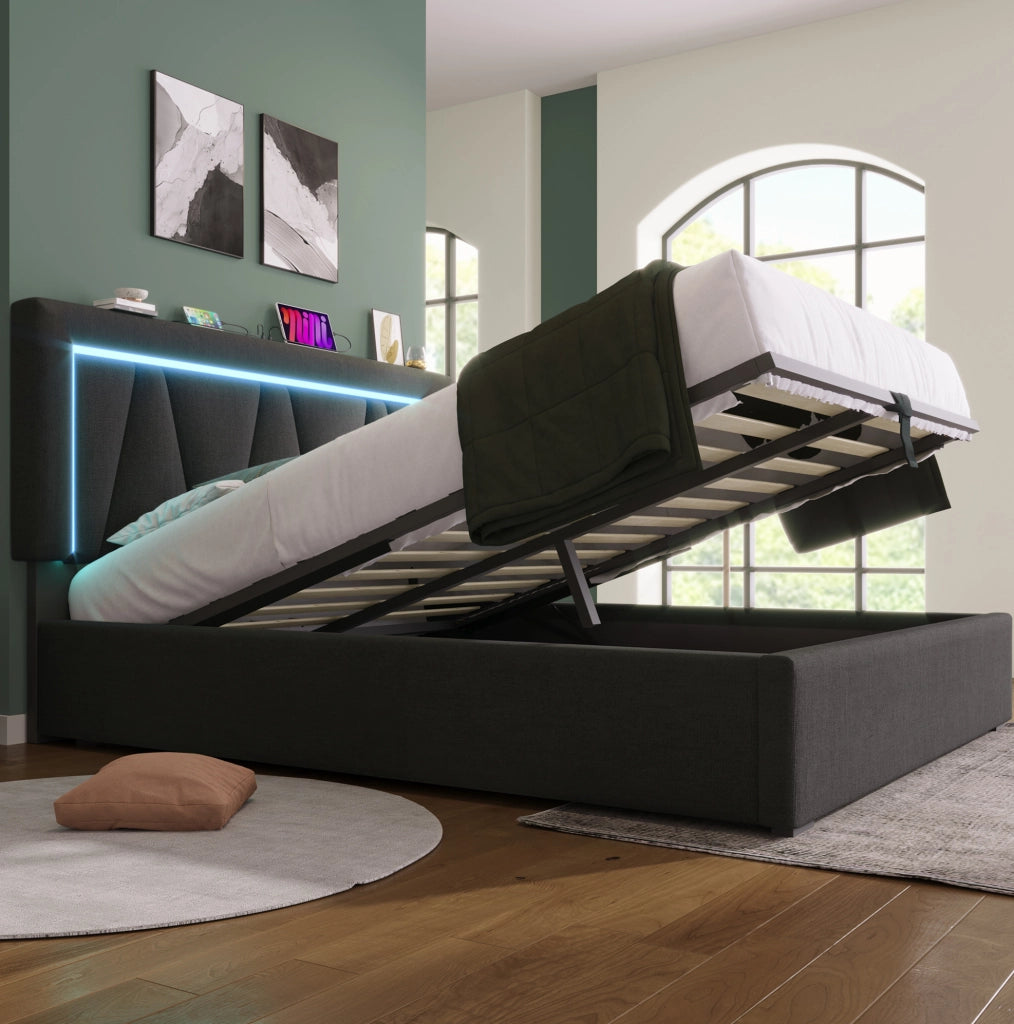 LETTO matrimoniale 140x200 cm in lino grigio con materasso, LED e USB
