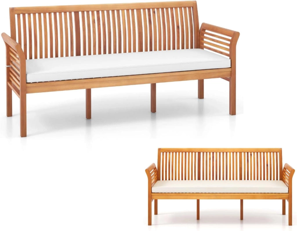 Panca da giardino a 3 posti, panca da parco in legno di acacia, panca da parco con cuscino rimovibile, sedia da parco con schienale, carico di 540 kg, 159 x 59 x 77 cm
