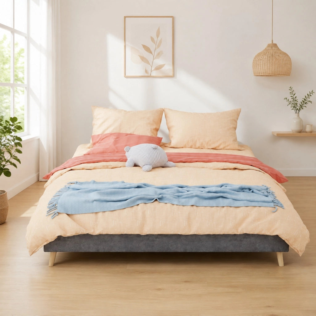 Letto matrimoniale 160x200 cm grigio in tessuto e metallo, design geometrico, rete a doghe, montaggio semplice