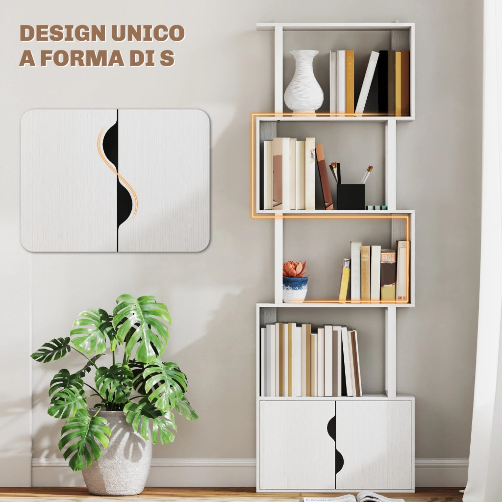 Libreria Moderna con 5 Ripiani 60x23.8x179,2 cm con Armadietto alla Base in Legno Bianco