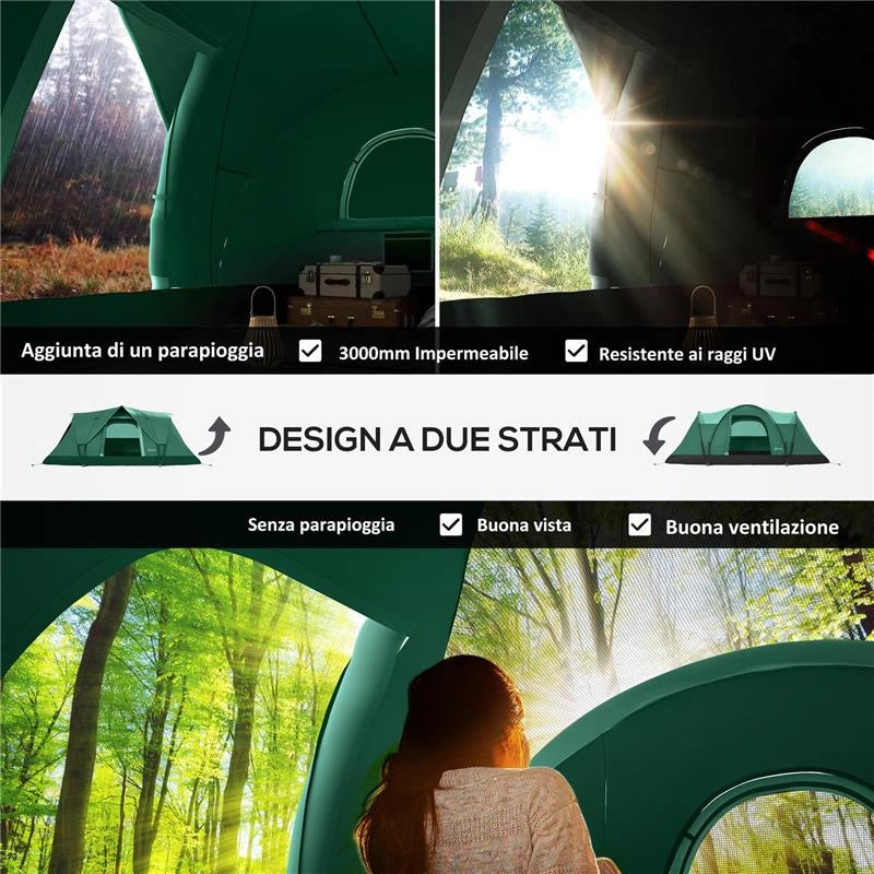 TENDA DA CAMPEGGIO 4 POSTI IDROREPELLENTE CON PROTEZIONE UV PALI IN FIBRA DI VETRO 4.55X2.3X1.8 M VERDE