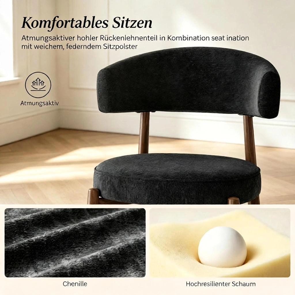 SEDIA da pranzo 47x48x81 cm in chenille nero, Set da 2 pezzi