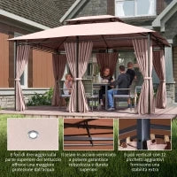 Gazebo da Giardino 4x3m con Doppio Tetto e Tende Laterali in Acciaio e Poliestere, Color Cachi