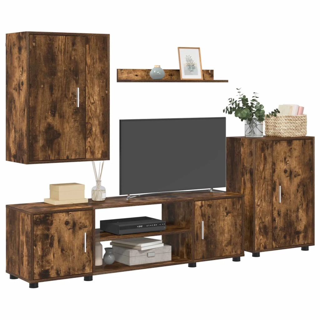 Set mobile TV 4 pz | Armadietto TV | Mobile Porta TV Rovo affumicato Legno multistrato