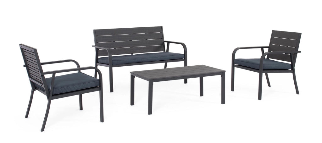 Set 4 Pezzi Salotto da Giardino con Divano 2 Poltrone e Tavolino in Acciaio e HDPE Sarita Antracite