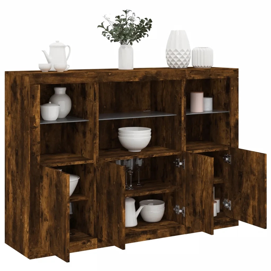 Credenze con Luci LED 3 pz | Madia | Buffet da pranzo | Armadio da pranzo Rovere Fumo in Legno Multistrato