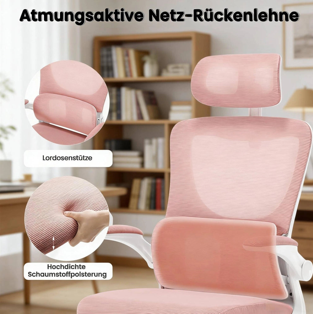 Sedia da ufficio ergonomica rosa con rete e ruote