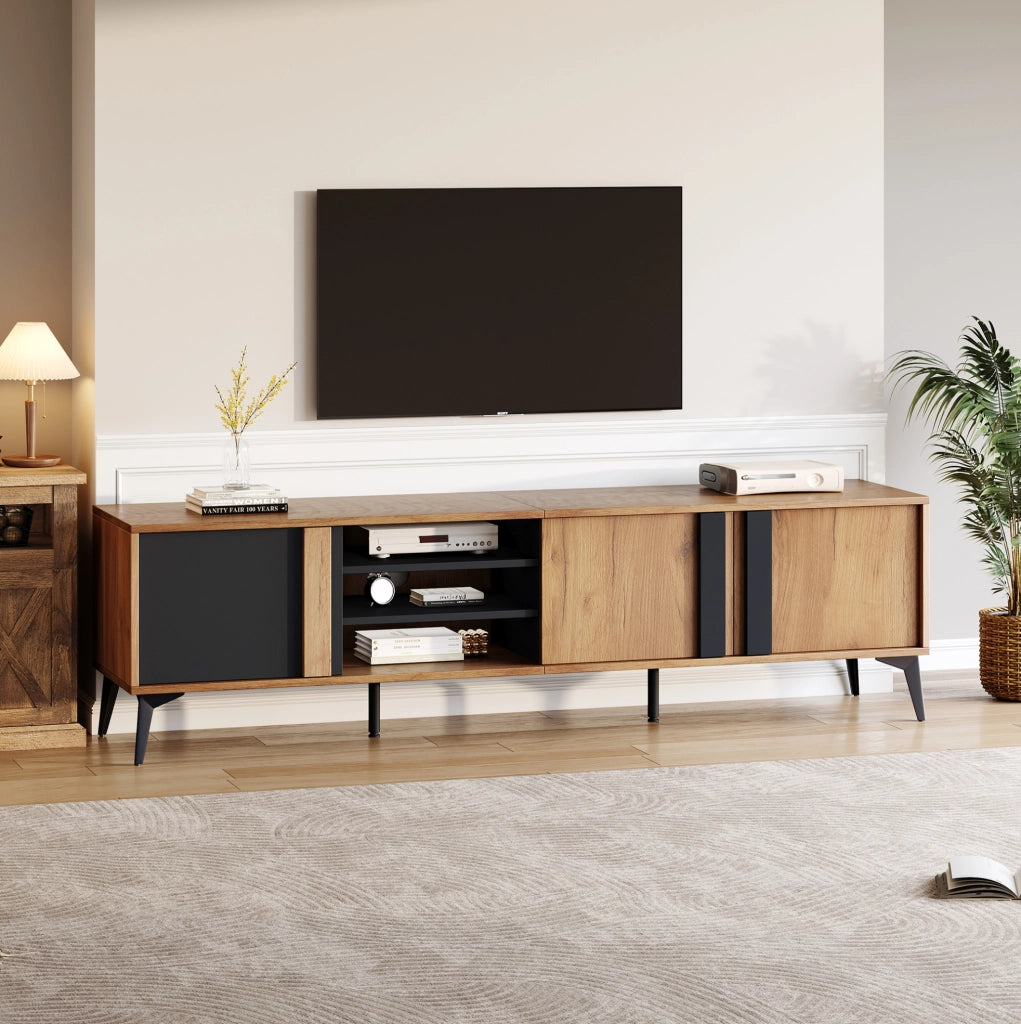 Mobile TV ULEVR 180x40x50 cm con 3 ante e 4 vani aperti, foro passacavi, marrone e nero