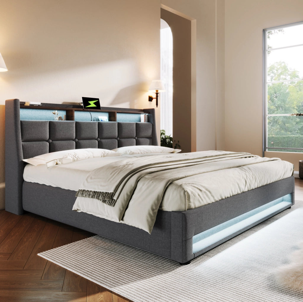 Letto imbottito 180x200 cm con LED, USB e contenitore, grigio