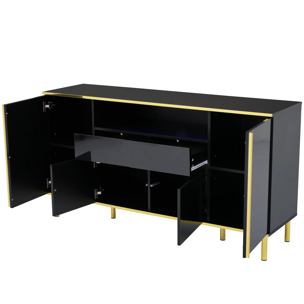 Credenza a 4 ante con 1 cassetto e LED, finitura nero lucido con dettagli dorati e vano capiente 150 × 40 × 80 cm
