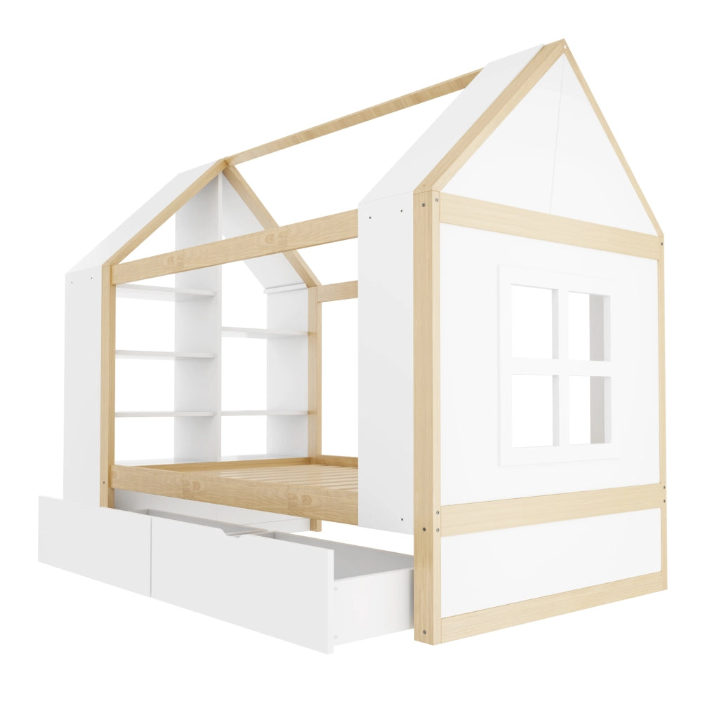 Letto per bambini a casetta 90x200 cm con cassetti, vano contenitivo e LED