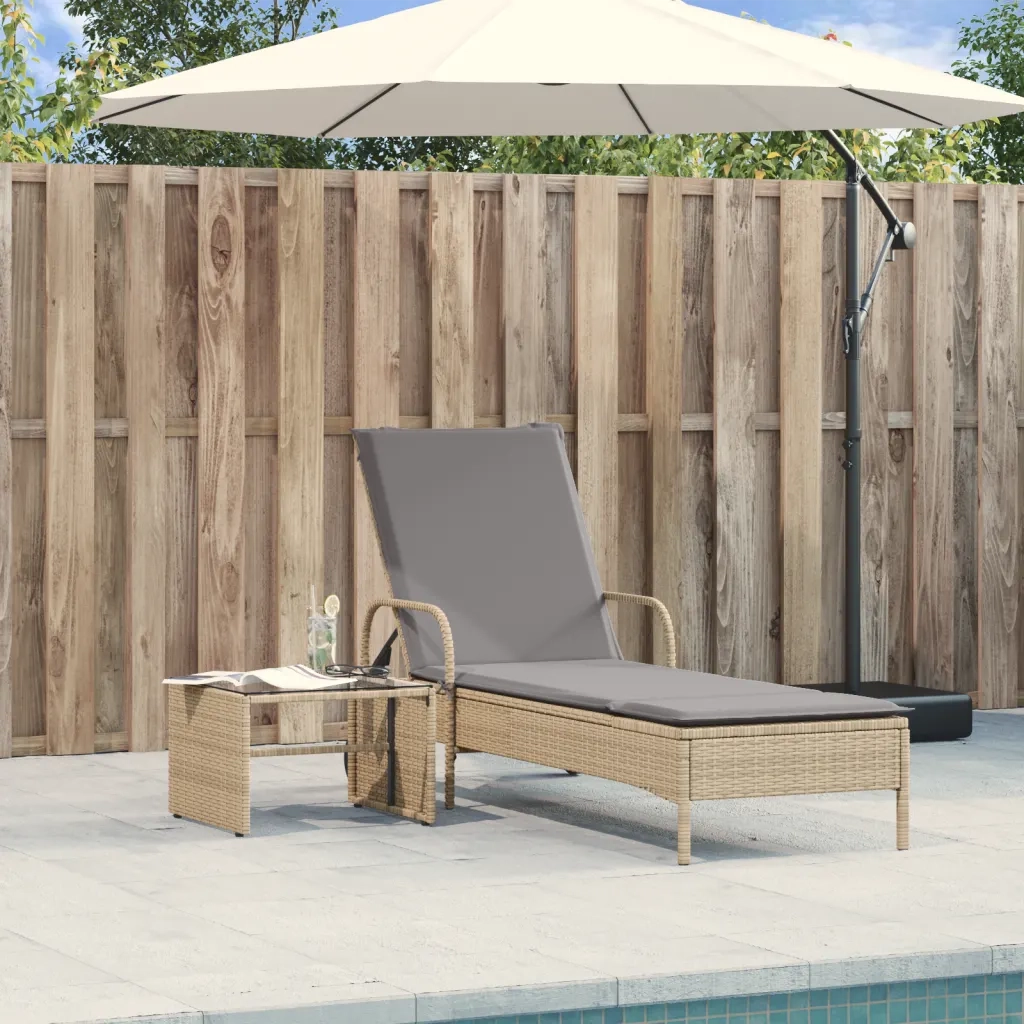 Lettino Prendisole | Sdraio da giardino | Lettino da sole con Ruote e Cuscino in Polyrattan Beige
