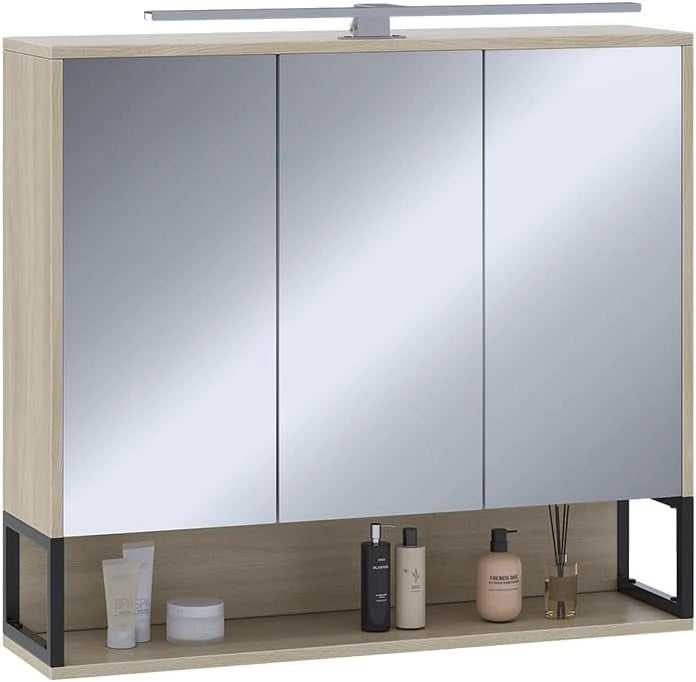 Mobile a specchio per il bagno Vionna, Quercia/nero, 80 x 71.5 cm con luce LED, con ripiano interno regolabile in altezza per un utilizzo flessibile