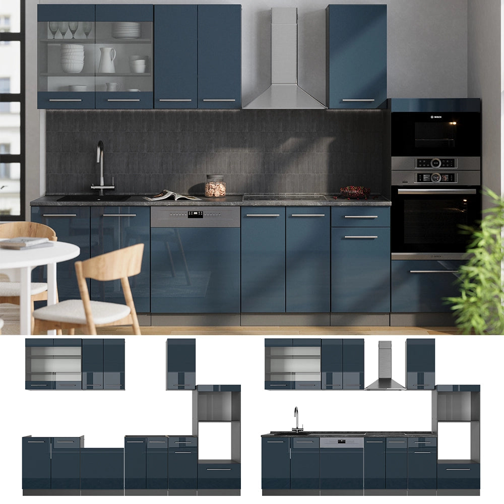 Cucina componibile Fame-Line Blu scuro lucido/Antracite 300 cm con armadio alto, PL Marmo Vicco
