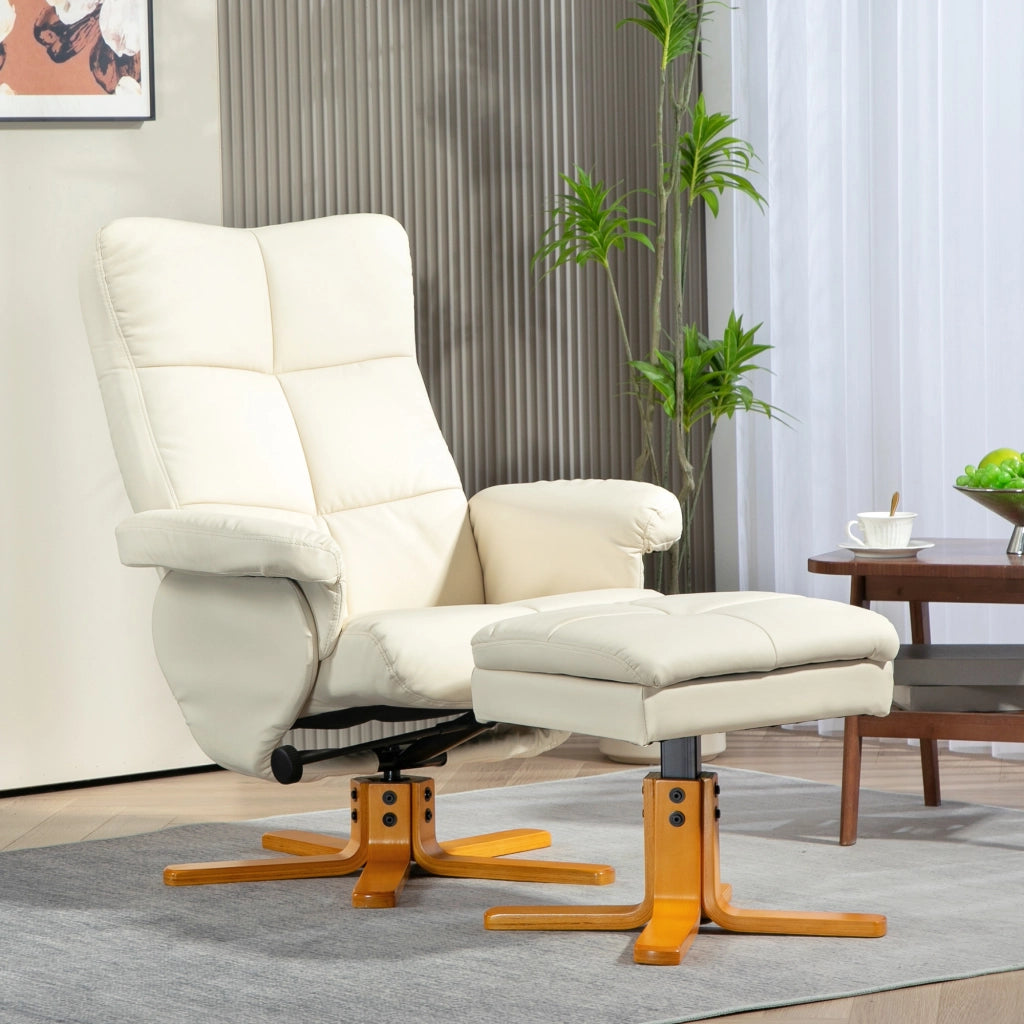 Poltrona relax girevole 360° con poggiapiedi e vano contenitore, reclinabile fino a 145°, bianco crema