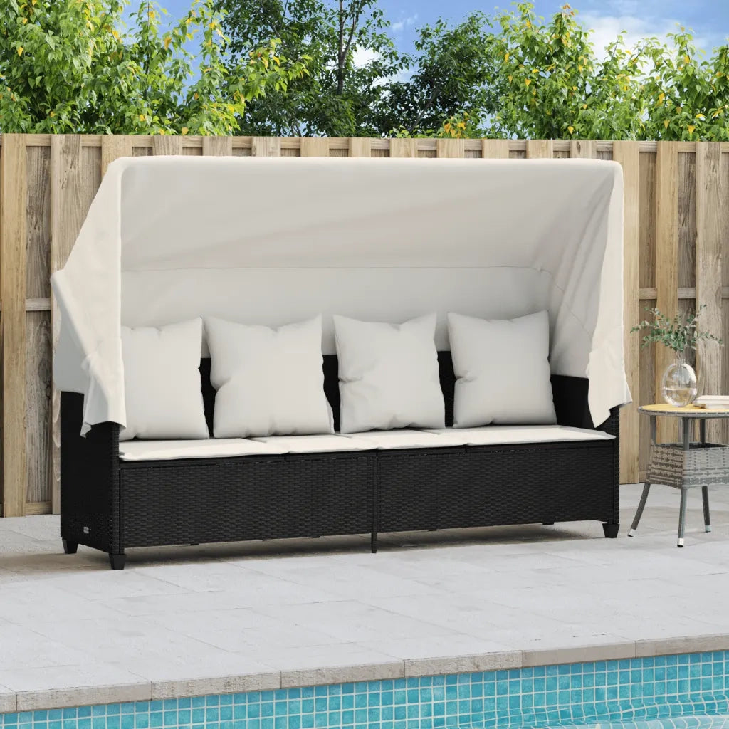 Lettino Prendisole | Sdraio da giardino | Lettino da sole con Baldacchino e Cuscini Nero?Polyrattan