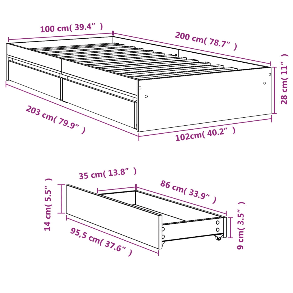 Giroletto Cassetti Grigio Sonoma 100x200 cm Legno Multistrato