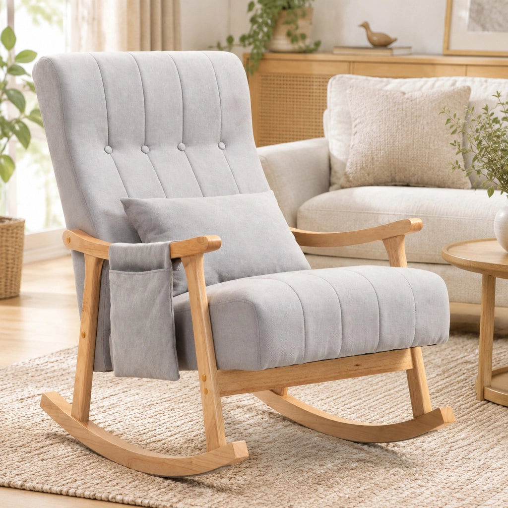 Poltrona a dondolo 65x90x98 cm con cuscino lombare; tasche laterali; poliestere grigio