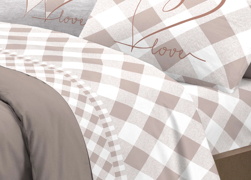 Completo Lenzuola Letto Pensieri Delicati 100% Cotone Dis.Lovely Check - Piazza E Mezza - Beige