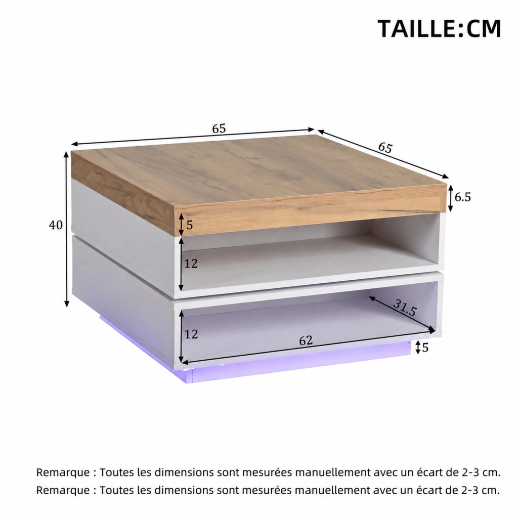 TAVOLO da caffè 65x65x40 cm girevole 360° MDF bianco e legno con LED