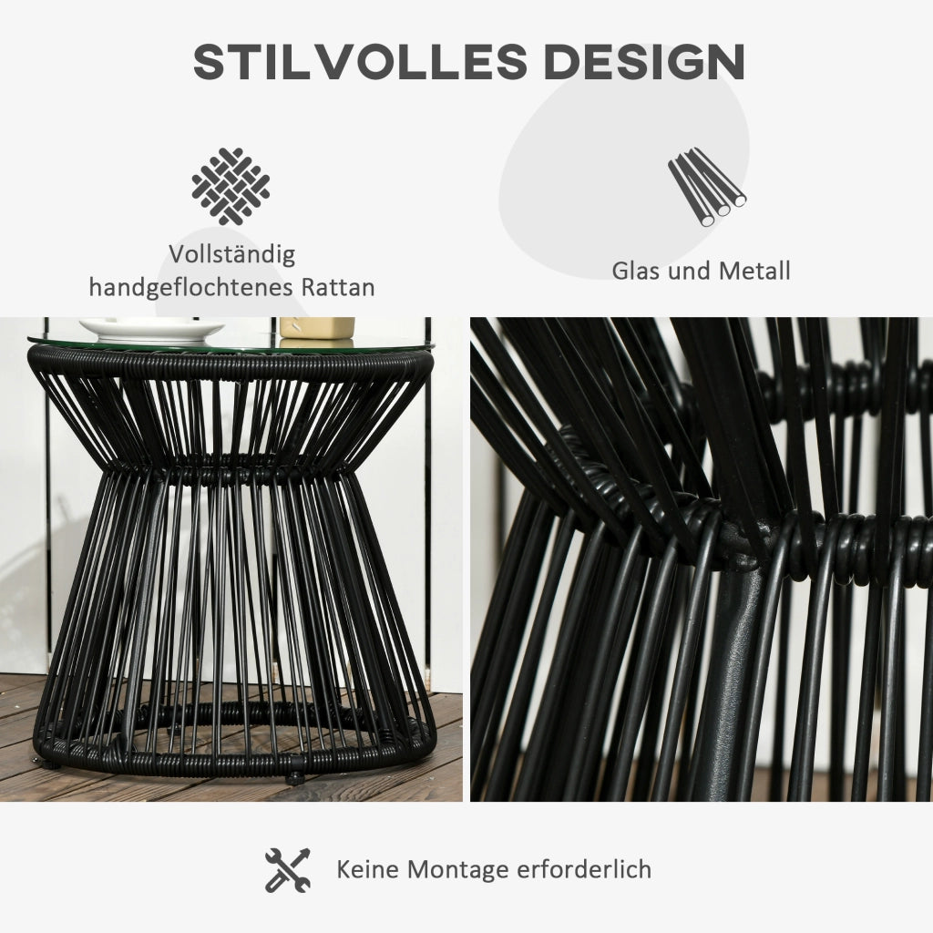 TAVOLINO DA ESTERNO 40x40x42 cm Nero stile Boho in rattan e vetro