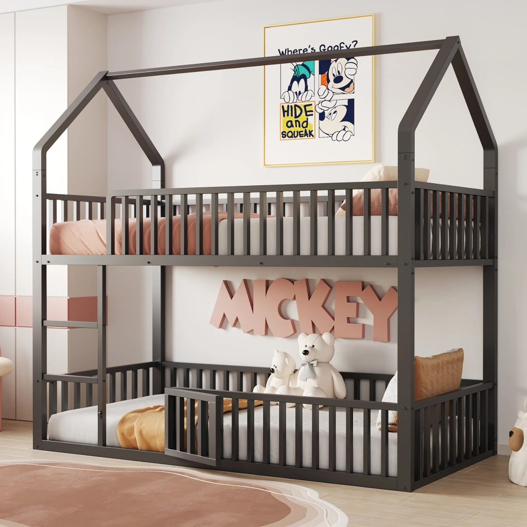 Letto a castello in metallo 90x200 cm con scala frontale, design a casa, nero