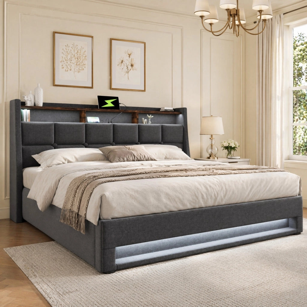 Letto matrimoniale imbottito 180x200 cm in lino grigio con LED e USB; senza materasso