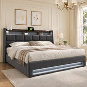 Letto matrimoniale imbottito 180x200 cm in lino grigio con LED e USB; senza materasso