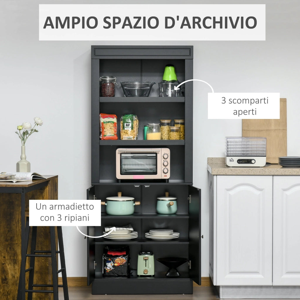 Credenza Alta 2 Ante 3 Ripiani 74,6x35,5x182,5cm in Legno Nero