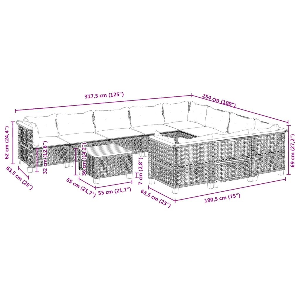 Set Divani da Giardino 11 pz con Cuscini in Polyrattan Grigio