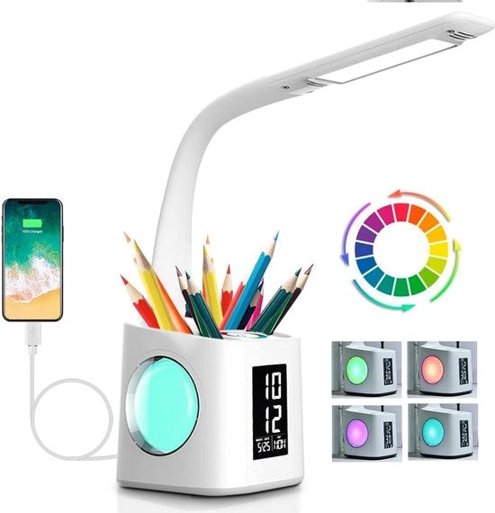 Lampada da scrivania con protezione degli occhi, lampada da studio, porta USB per ricarica, luce di ambiente notturno, supporto per penne e schermo, funzione orario e calendario, regolabile in 3 livelli di luminosità, lampada da lettura per bambini, 10 W.