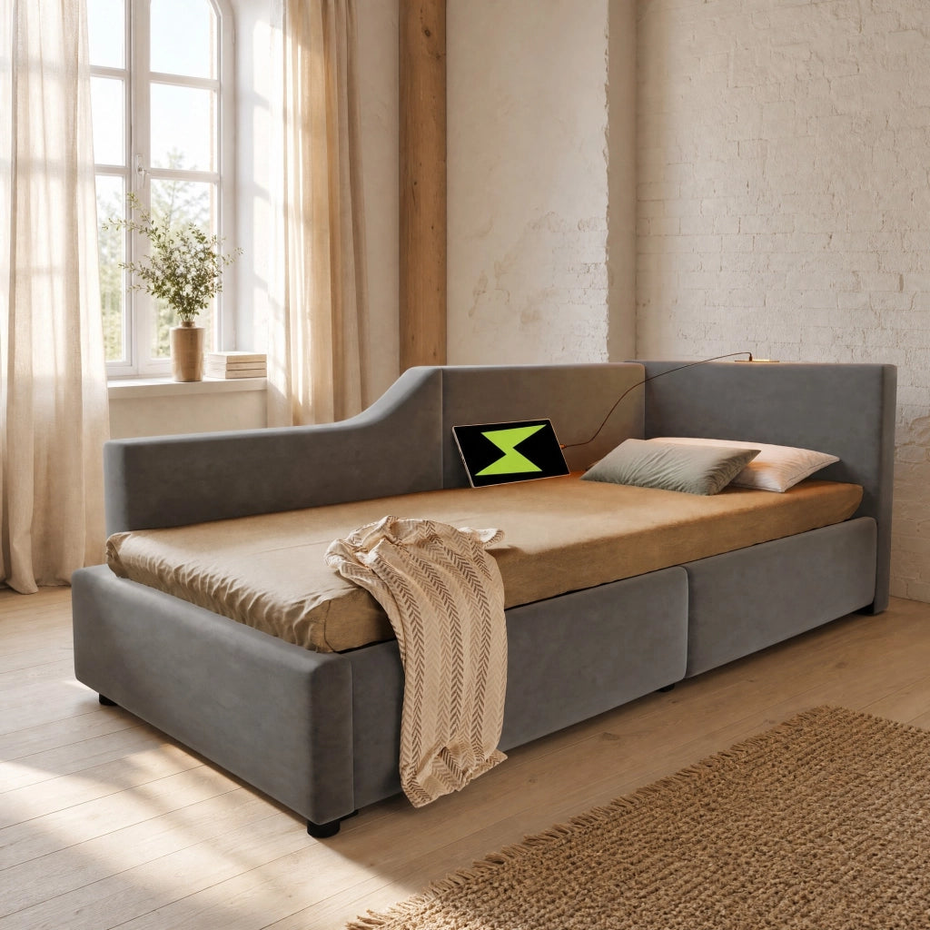 LETTO Tagesbett 90x190 cm in velluto grigio con lampada da lettura e USB-C