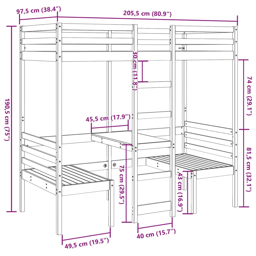 vidaXL Giroletto Soppalco con Scrivania e Sedie 90x200cm Legno Pino