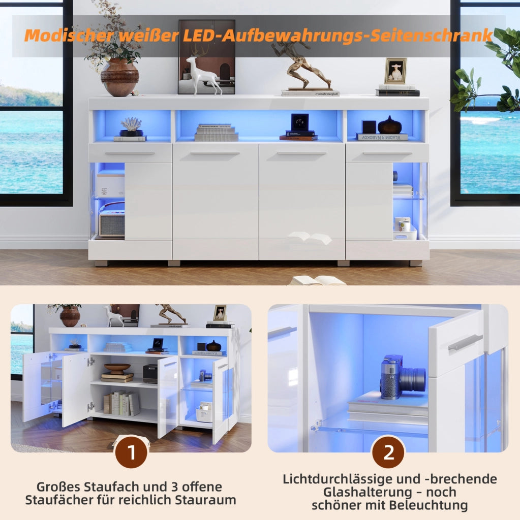Sideboard moderno bianco 140x40x70 cm con luce a LED e vetro temperato